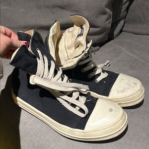 Rick Owens Black and Cream High-Top Sneakers